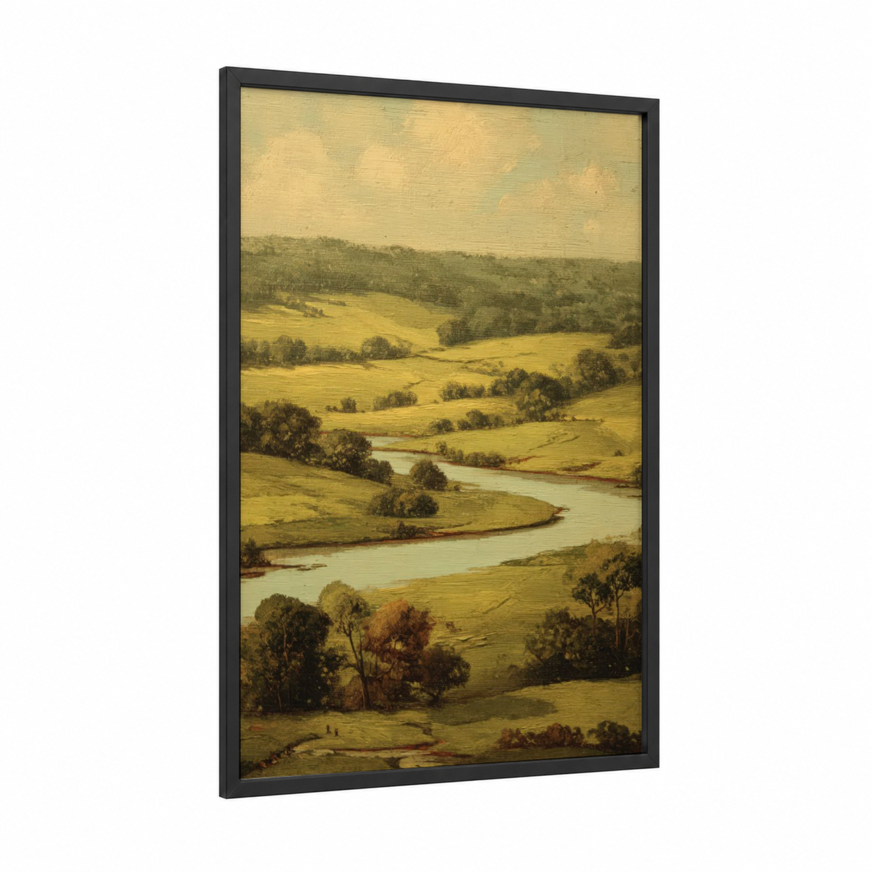 Rolling Valley River framed green field print — black wood frame — gold and green palette