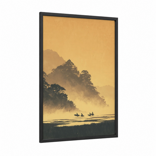Golden Hour Surfers framed surfing print — black wood frame — yellow gold and black palette