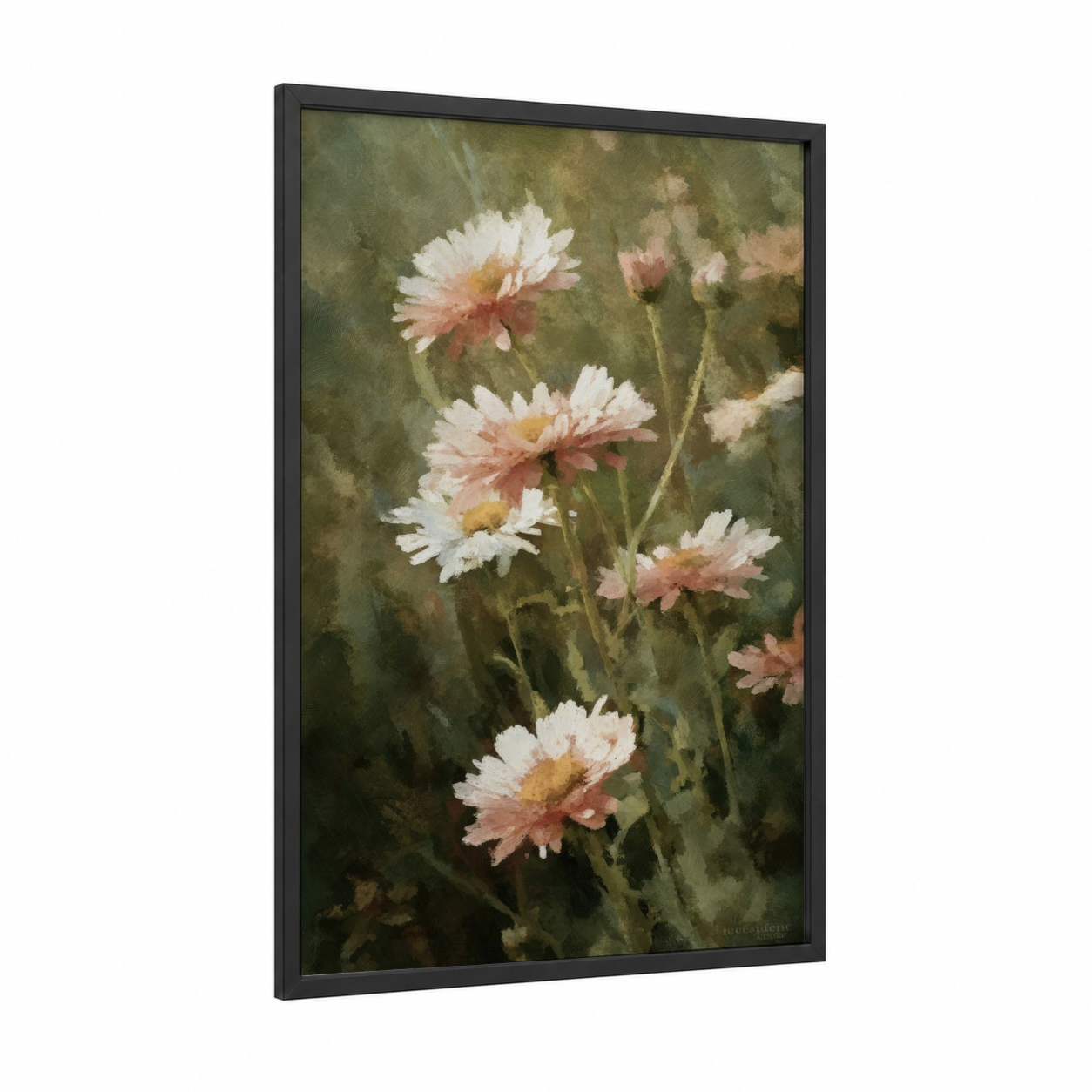 Blush Daisy Garden framed art print — black wood frame — cream and sage green palette