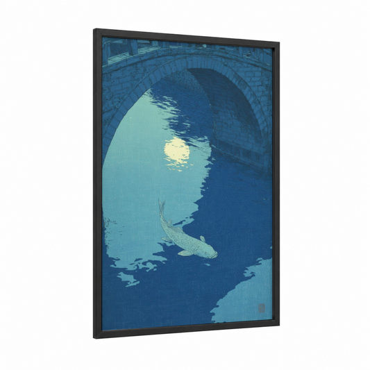 Moonlit Tarpon framed art print — black wood frame — blue and green and dark blue palette
