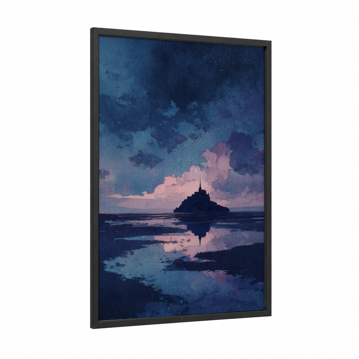 Twilight Mont Saint-Michel framed art print — black wood frame — dark blue and rose gold palette
