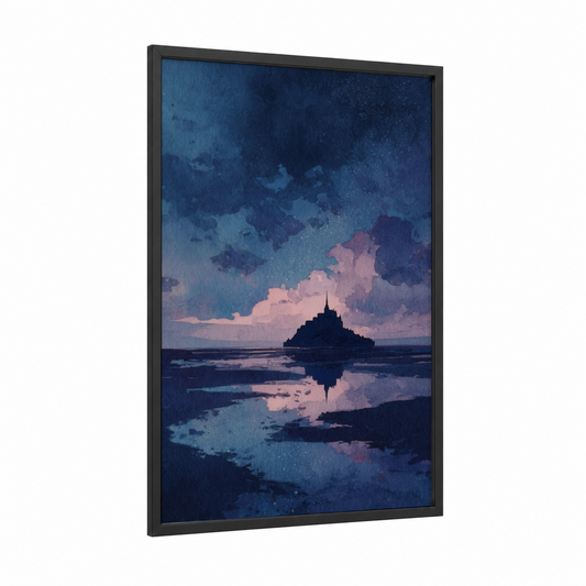 Twilight Mont Saint-Michel framed art print — black wood frame — dark blue and rose gold palette
