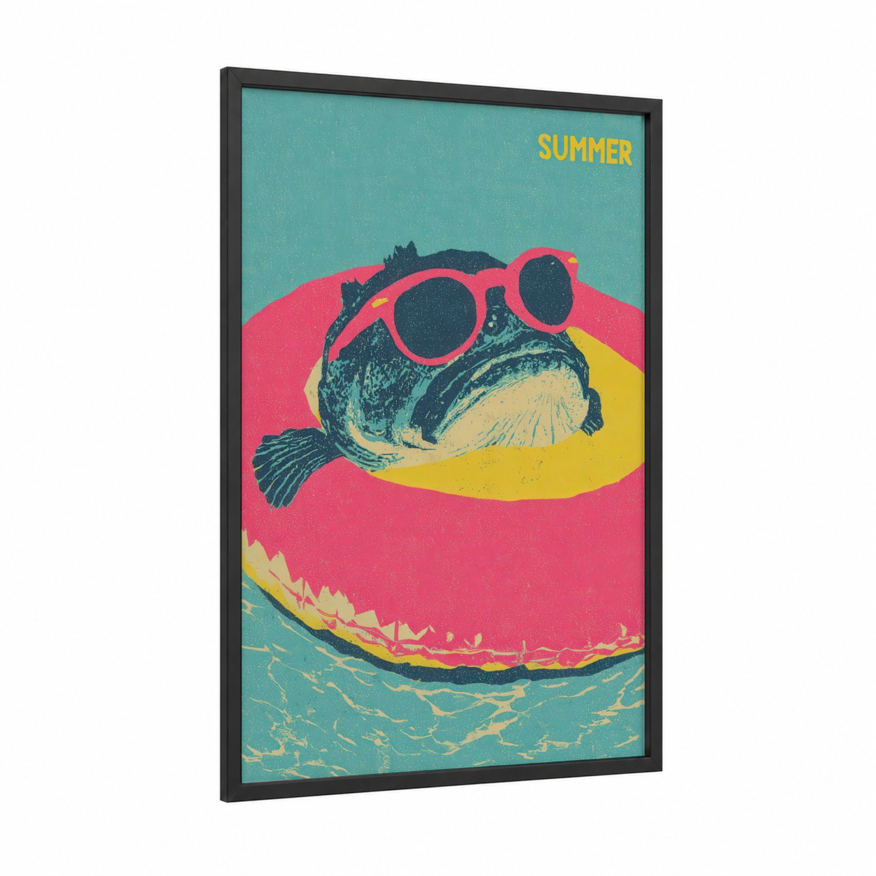Cool Bass Summer framed art print — black wood frame — turquoise and magenta palette
