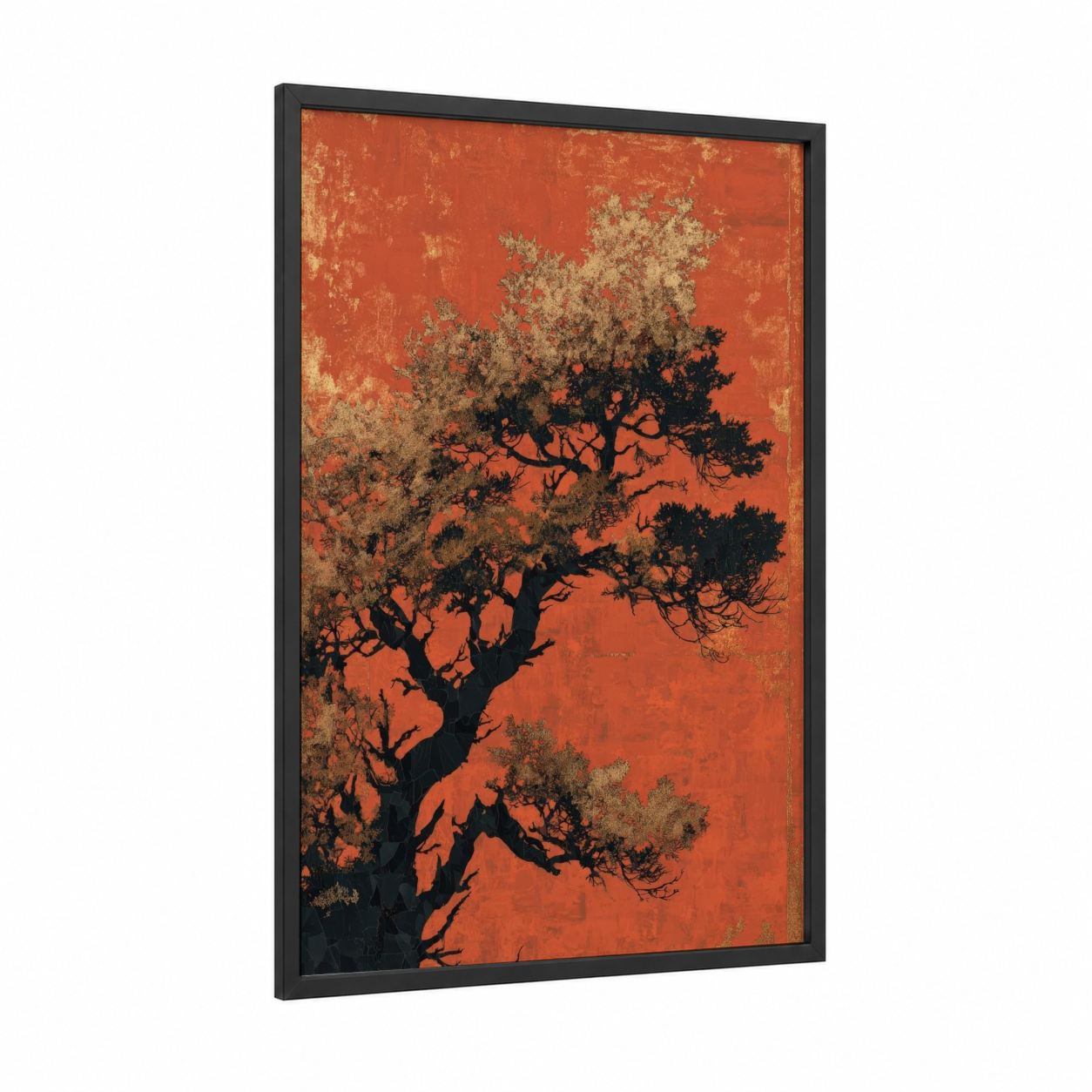 Russet Juniper framed juniper tree print — black wood frame — gold palette