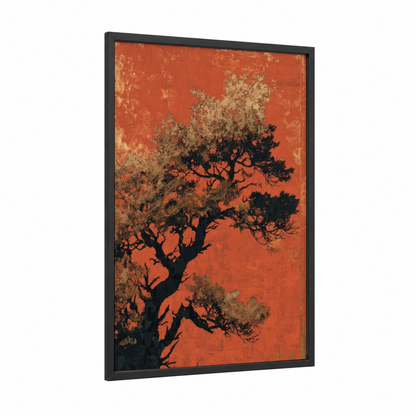 Russet Juniper framed juniper tree print — black wood frame — gold palette