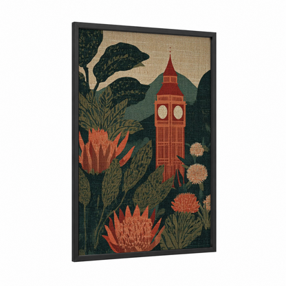 Big Ben Botanical framed art print — black wood frame — dark green and russet palette