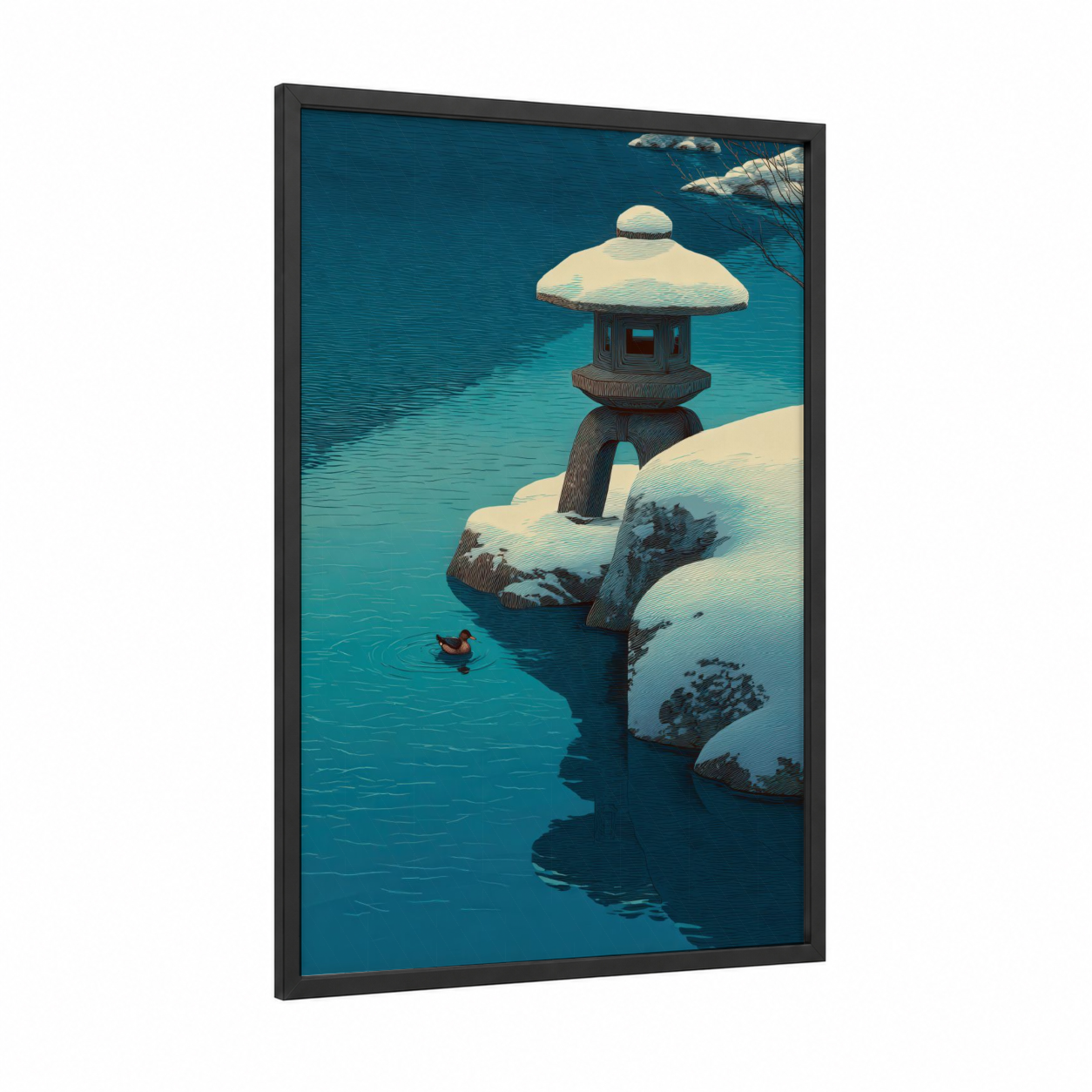 Snowy Lantern Duck framed ducks print — black wood frame — teal and cream palette