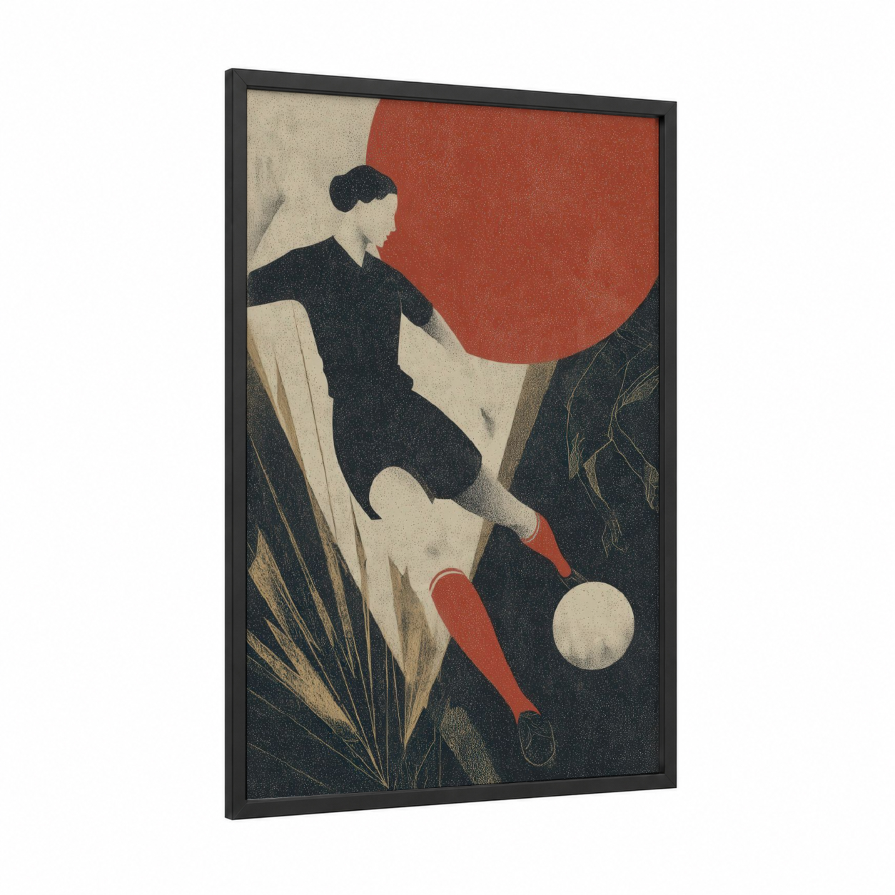 Athletic Soccer Player framed art print — black wood frame — russet and cream palette