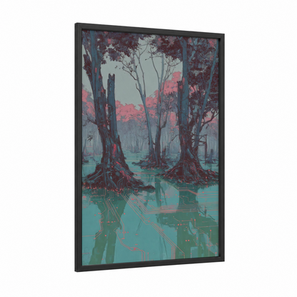 Digital Mangrove framed art print — black wood frame — turquoise and maroon palette