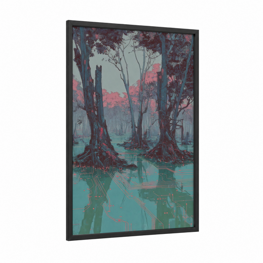 Digital Mangrove framed art print — black wood frame — turquoise and maroon palette