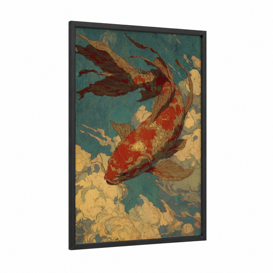 Crimson Koi Dream framed koi fish print — black wood frame — teal and gold palette