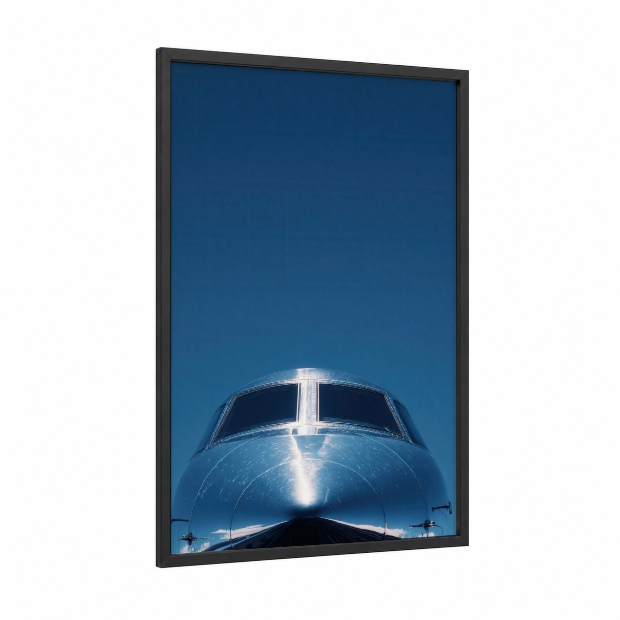 Skyward Private Jet framed art print — black wood frame — royal blue and white palette