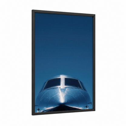 Skyward Private Jet framed art print — black wood frame — royal blue and white palette