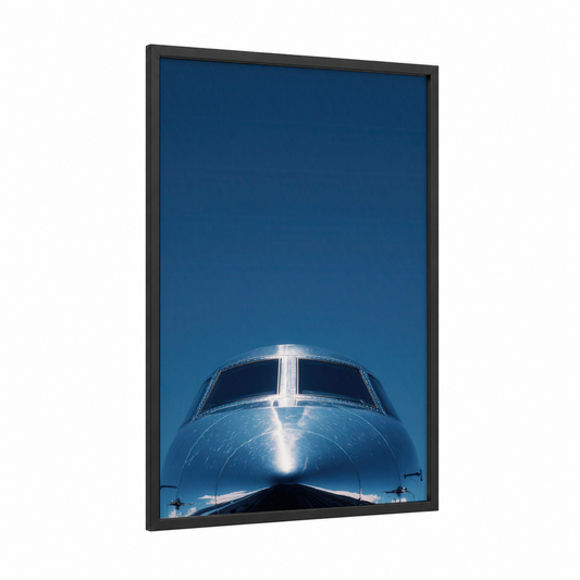 Skyward Private Jet framed art print — black wood frame — royal blue and white palette