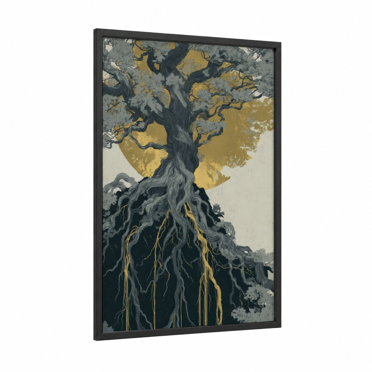 Golden Root Tree framed tropical trees print — black wood frame — gold and gray palette