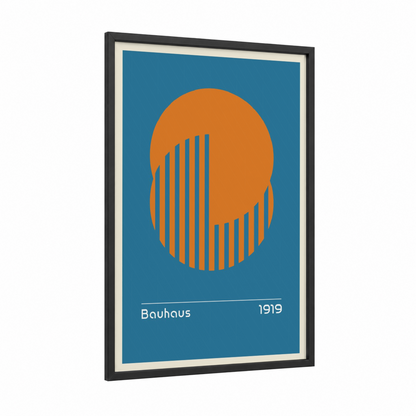 Bauhaus Geometric framed abstract geometric print — black wood frame — blue and orange palette