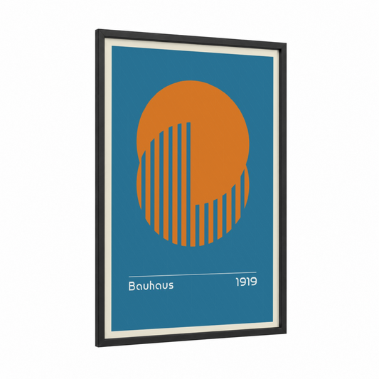 Bauhaus Geometric framed abstract geometric print — black wood frame — blue and orange palette