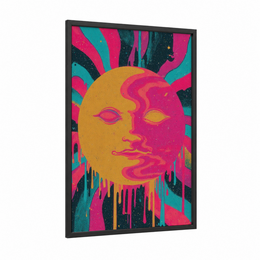 Cosmic Sun Face framed the sun print — black wood frame — magenta and teal palette
