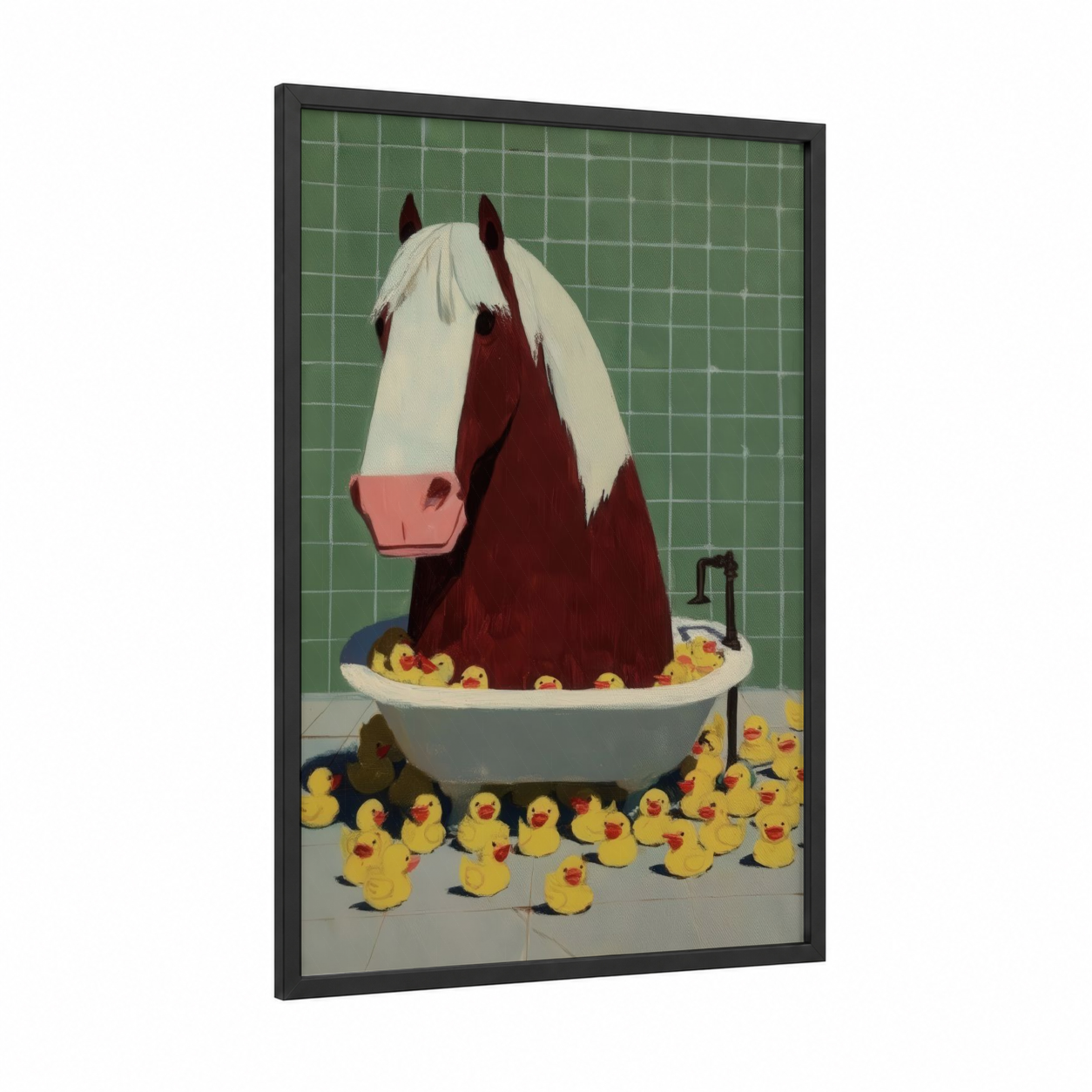 Bathing Clydesdale framed clydesdale horse print — black wood frame — true green palette