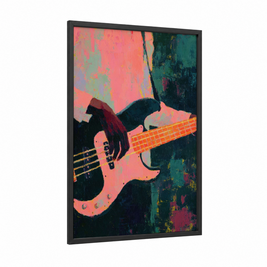 Neon Bass Reggae framed art print — black wood frame — pink and teal palette