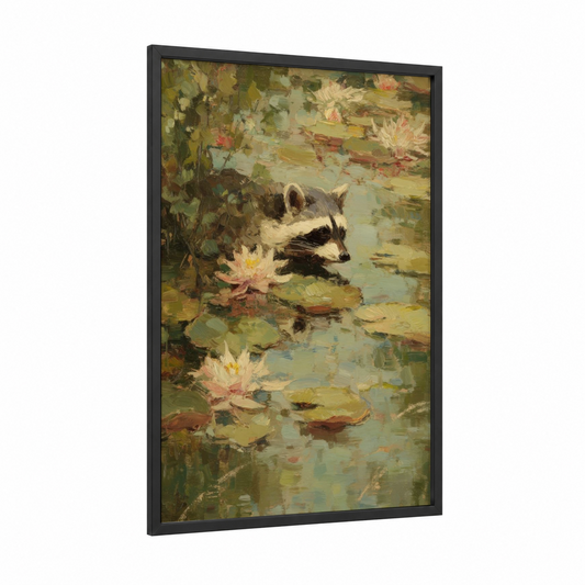 Lily Pad Raccoon framed art print — black wood frame — green and cream palette