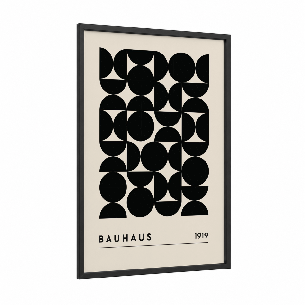 Bauhaus Grid framed abstract geometric print — black wood frame — black and white and cream palette