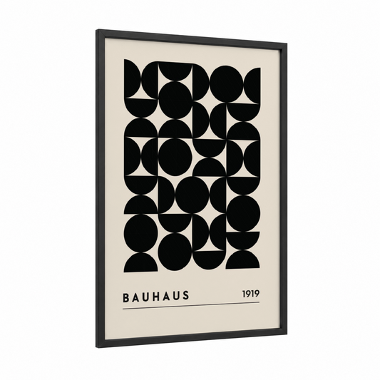 Bauhaus Grid framed abstract geometric print — black wood frame — black and white and cream palette