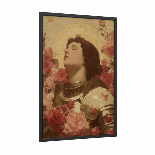 Saintly Joan framed joan of arc print — black wood frame — gold and rose gold palette