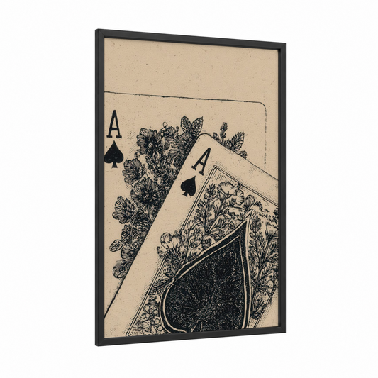 Botanical Card Ace framed card game print — black wood frame — black and white and cream palette