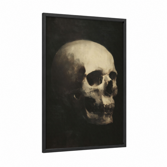 Ivory Skull Study framed art print — black wood frame — cream and black palette
