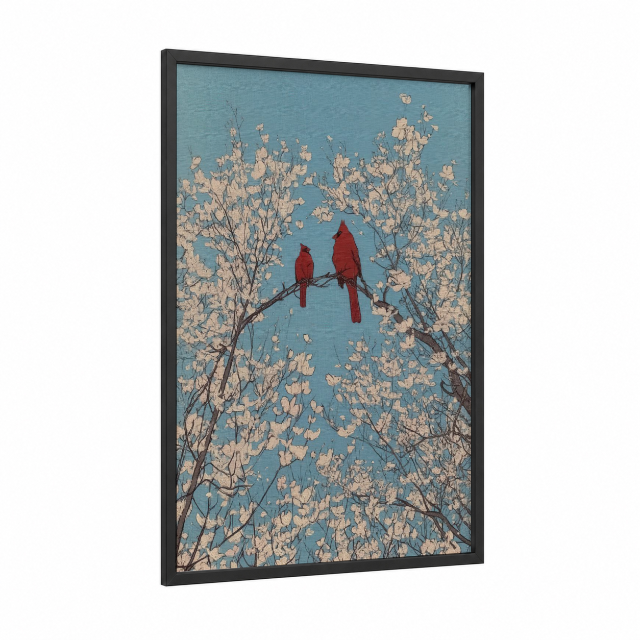 Cardinal Pair Blossoms framed art print — black wood frame — blue and cream palette