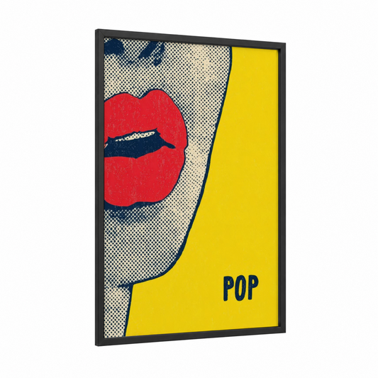 Pop Art Lips framed art print — black wood frame — yellow and red palette