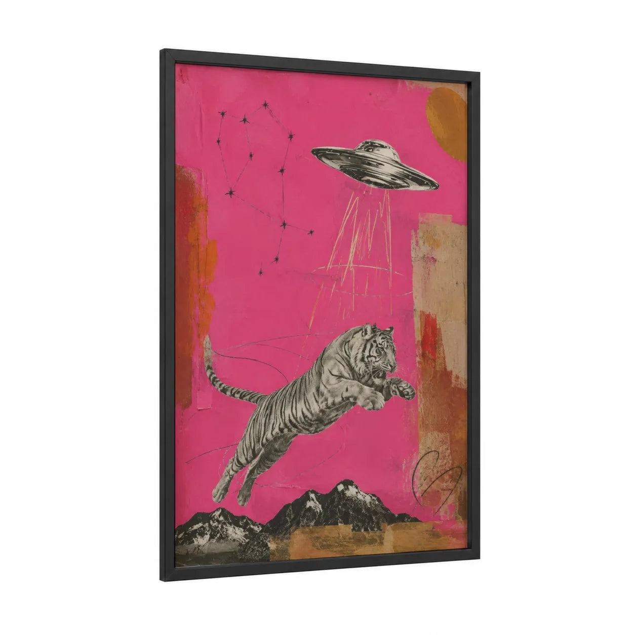 Surreal Tiger UFO Cosmic Wall Art framed art print — black wood frame — magenta and gold palette