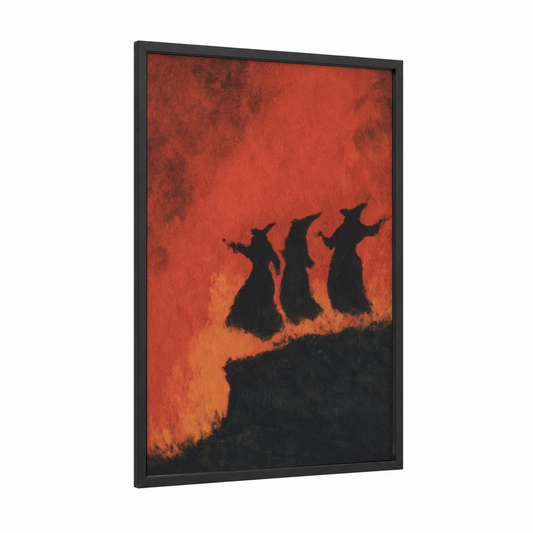 Crimson Witches framed magic and witchcraft print — black wood frame — red and black palette