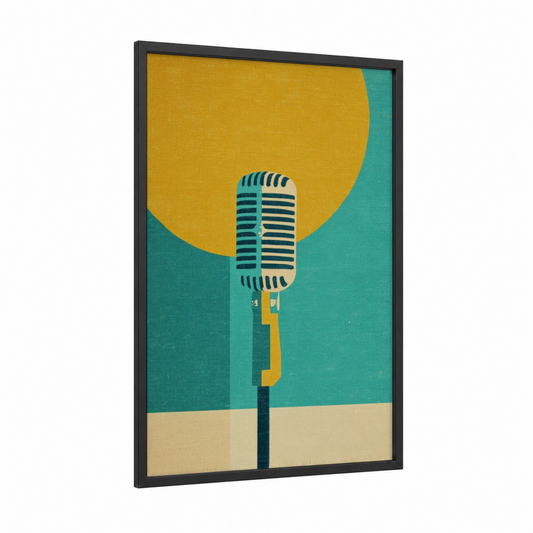 Vintage Microphone framed art print — black wood frame — gold and teal palette
