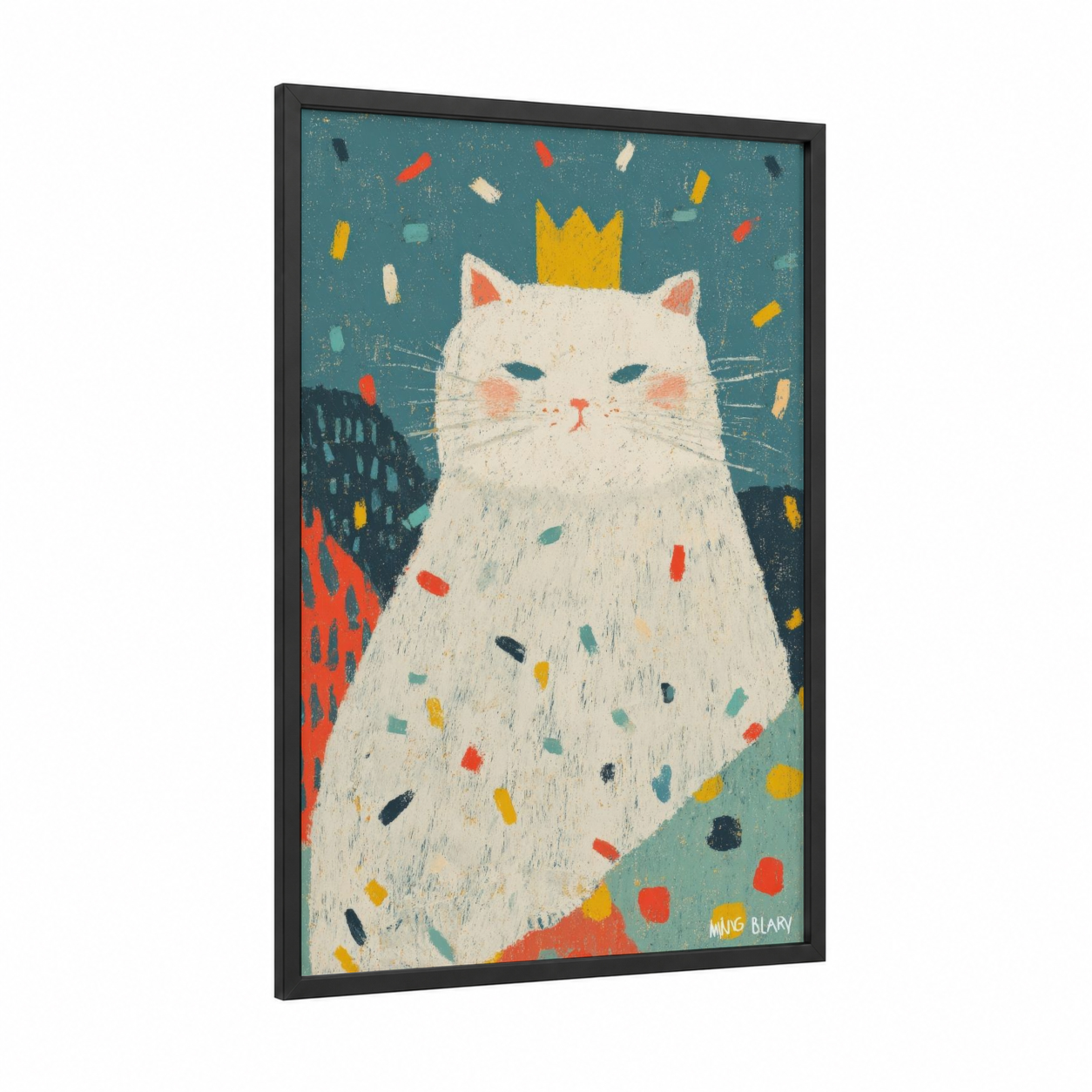 Royal Feline Celebration framed mardi gras print — black wood frame — teal and gold palette