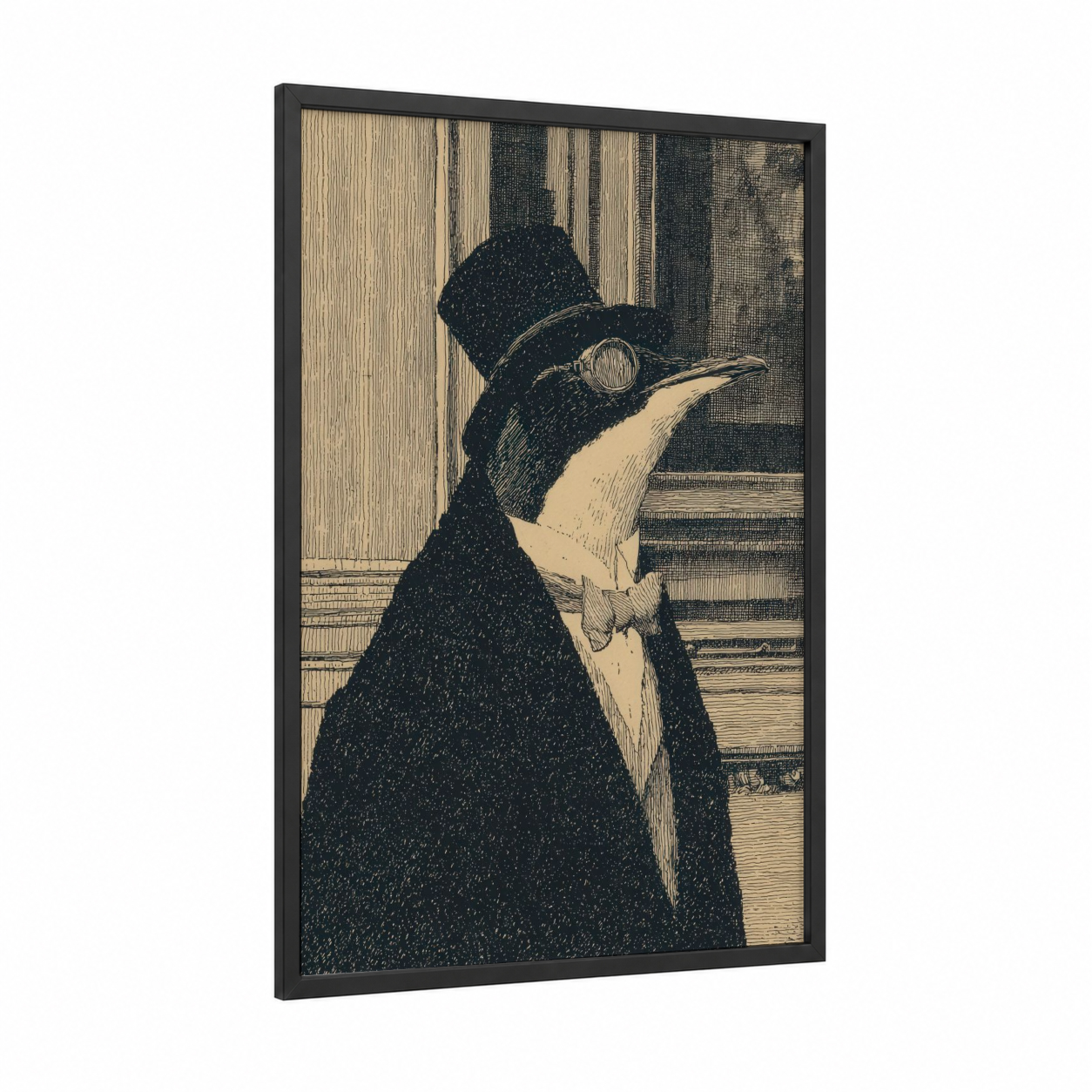 Dapper Penguin framed art print — black wood frame — black and white and cream palette