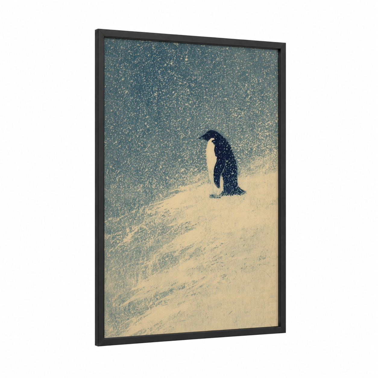 Snowy Penguin framed art print — black wood frame — teal and cream palette