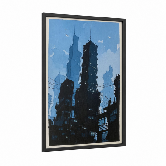 Midnight Towers framed abstract architecture print — black wood frame — blue and black and white palette