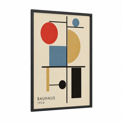 Bauhaus Geometric Composition Wall Art framed abstract geometric print — black wood frame — beige and red palette