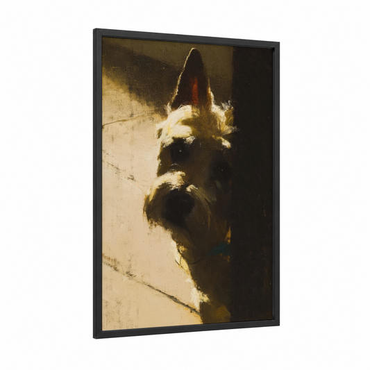 Contemplative Terrier framed art print — black wood frame — gold and espresso palette