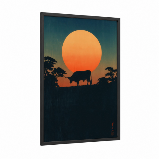 Savanna Longhorn framed longhorn cow print — black wood frame — orange and black palette