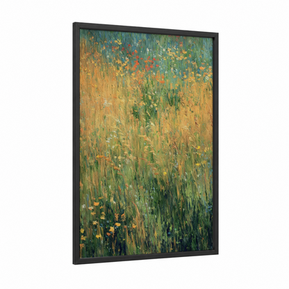 Golden Meadow framed grass print — black wood frame — gold and green palette