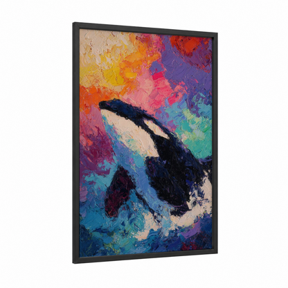 Colorful Orca framed orca whale print — black wood frame — magenta and turquoise palette