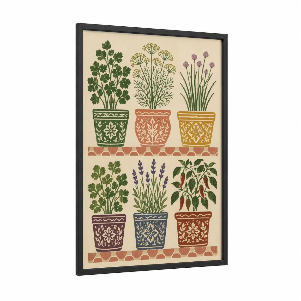 Decorative Herb Garden Wall Art framed herbs print — black wood frame — beige and true green palette