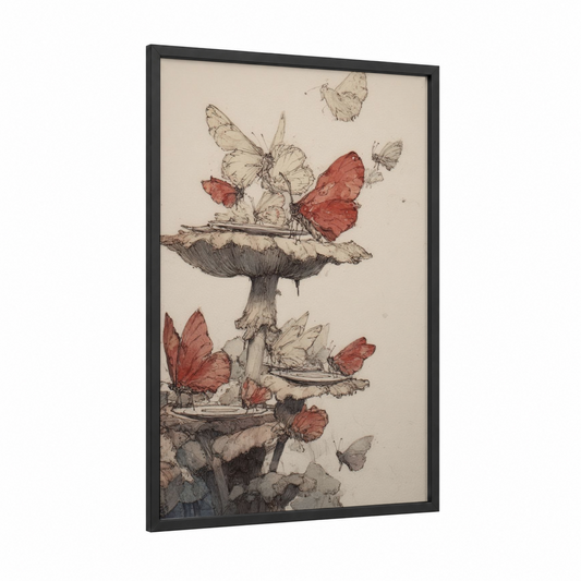 Mushroom Butterfly Gathering framed art print — black wood frame — cream and russet palette
