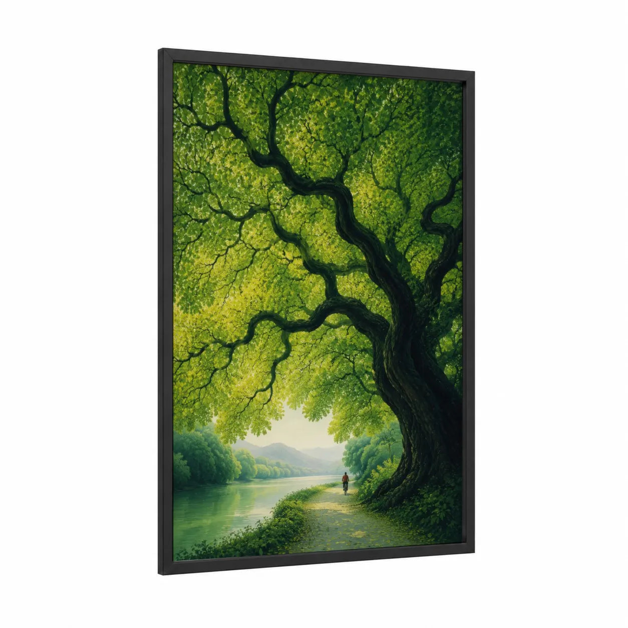 Majestic Tree by River Wall Art framed art print — black wood frame — true green and light green palette