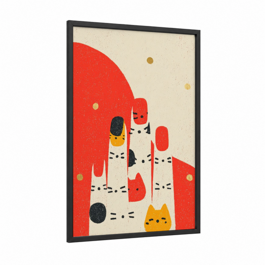 Playful Cat Nails framed art print — black wood frame — red and gold palette