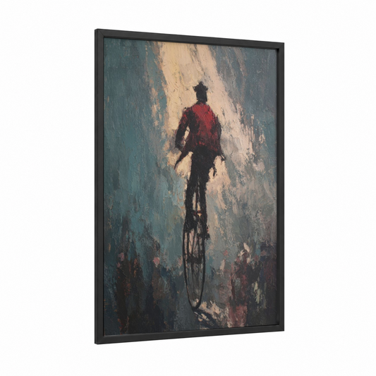Crimson Cyclist framed unicycle print — black wood frame — teal and cream palette