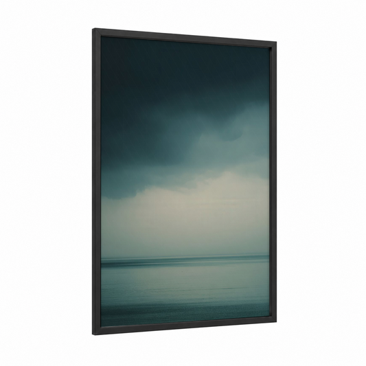 Stormy Seascape framed art print — black wood frame — teal and gray and white palette